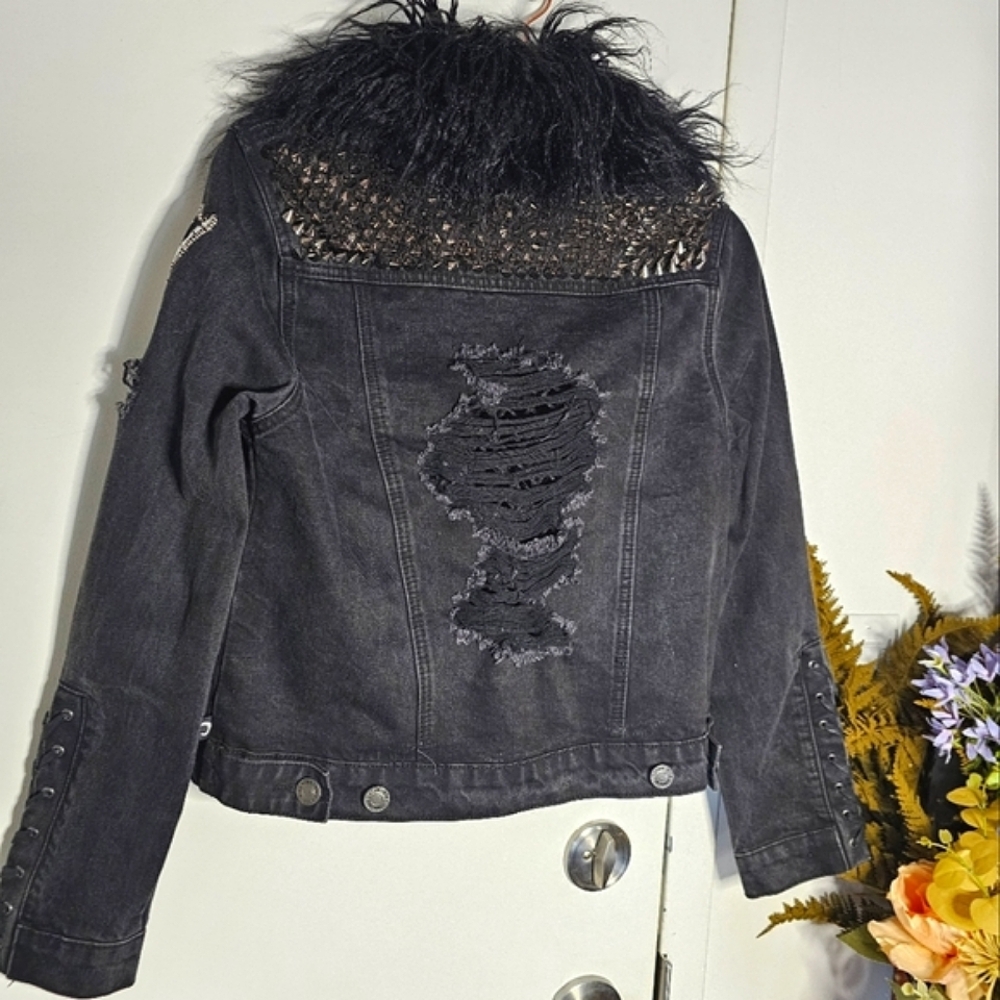 Killstar Custom Studded Distressed Black Denim Jacket with Faux Fur Collar OOAK